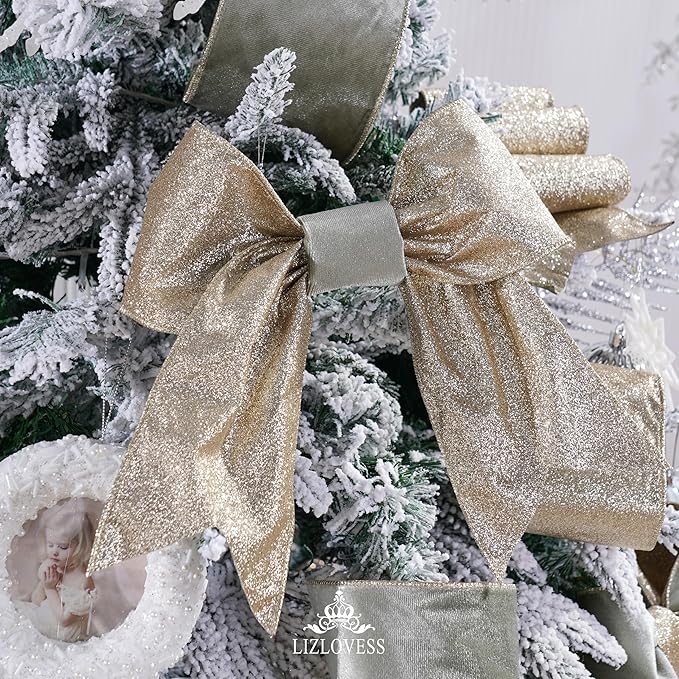 Sage Green Velvet Wired Ribbon with Glitter Back 4 Inch Green and Gold Christmas Ribbon Wired Ribbon for Christmas Tree, Gift Wrapping, Crafts, Wreaths Supplies, Topper Bows (10 Yards)